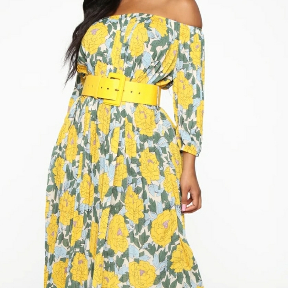 Maxi Dress  Floral Print Yellow/Combowith Belt